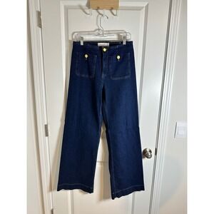 Stradivarius Wide Leg Denim Jeans Women's Size 40 Dark Wash Gold Button‎